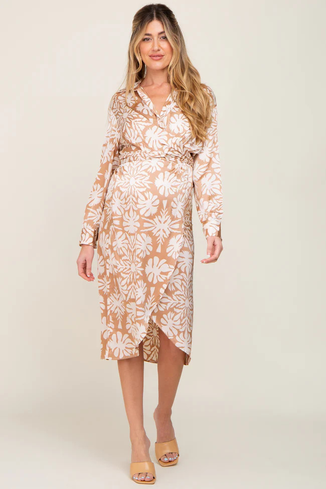 Taupe Floral Collared Button Front Wrap Satin Maternity Midi Dress | PinkBlush Maternity