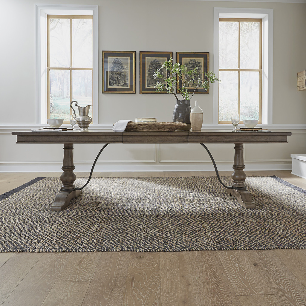 Americana Farmhouse Trestle Table Set In Dusty Taupe and Black | 1stopbedrooms