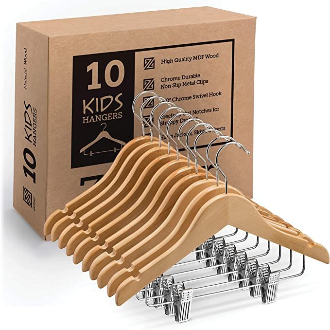 High-Grade Wooden Childrens/Kids Hangers With Clips (10 Pack) Smooth & Durable Wood Baby Hangers ... | Amazon (US)