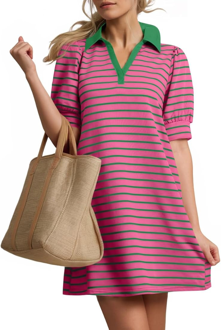 ZESICA Women's Summer Casual Striped Mini Dresses 2025 Lapel V Neck Short Sleeve Flowy A Line T S... | Amazon (US)