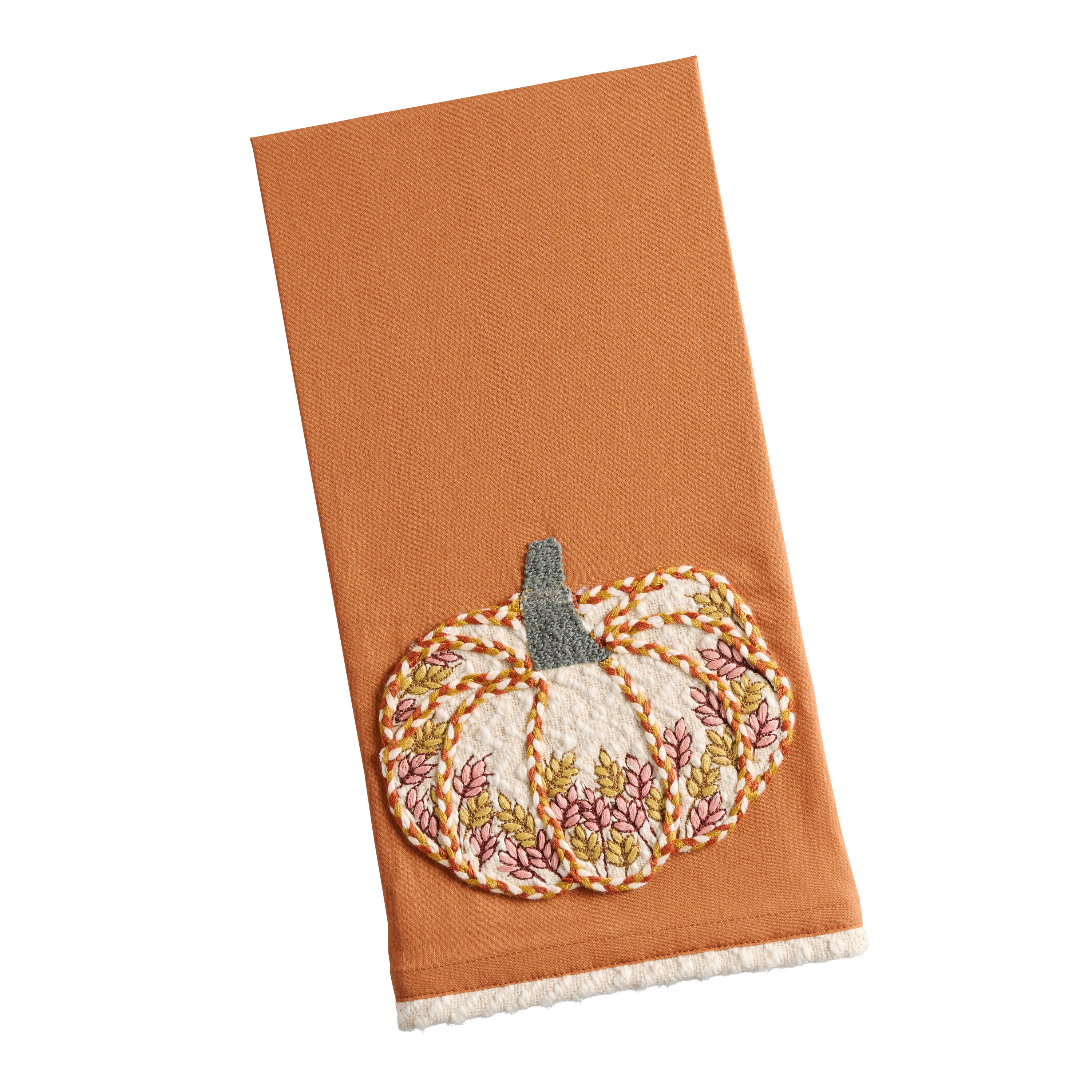 Orange Textured Embroidered Pumpkin Kitchen Towel | World Market