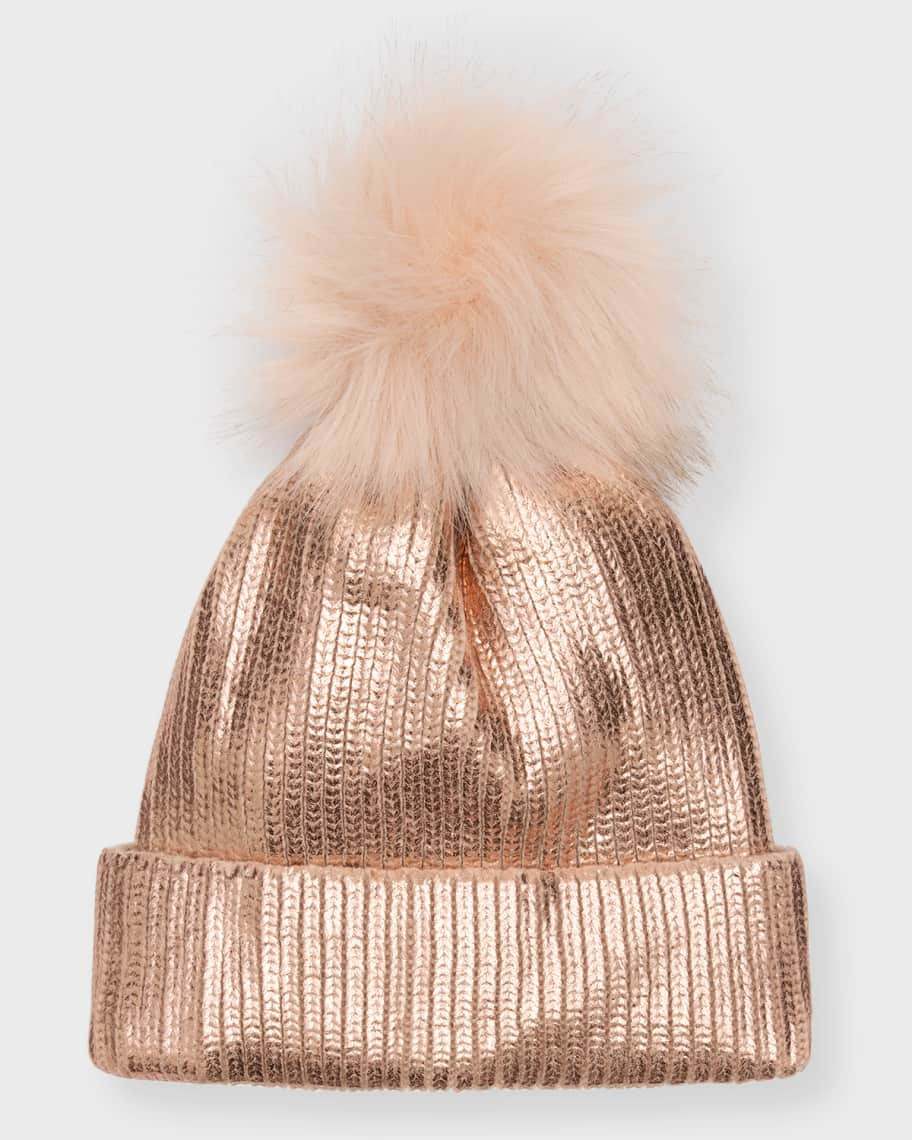 Adrienne Landau Metallic Beanie With Faux Fur Pom | Neiman Marcus