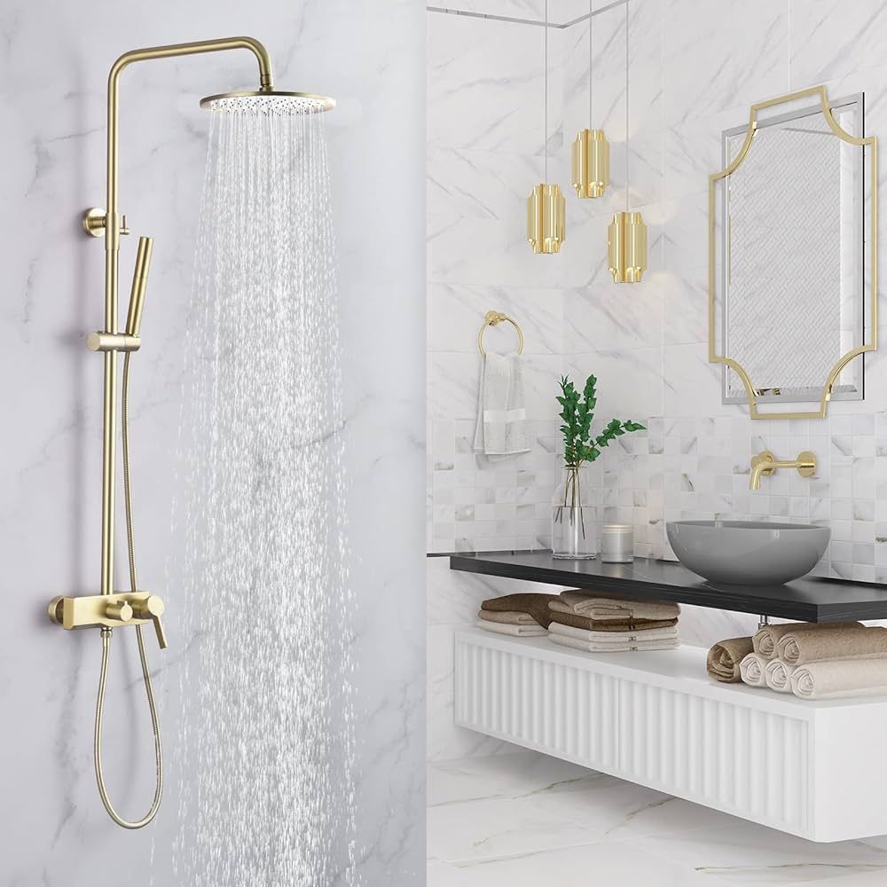 CHALIRS Brushed Gold Exposed Shower System with 2 Modes HandHeld,3 Functions Tub Shower Faucet Se... | Amazon (US)