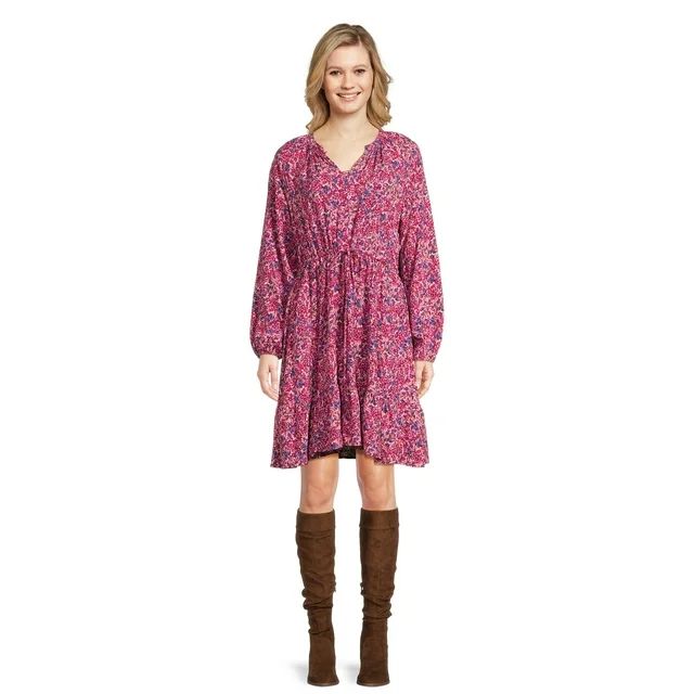 Time and Tru Women's Drawstring Mini Dress with Long Sleeves, Sizes S-XXXL | Walmart (US)