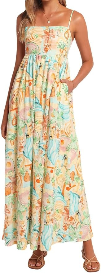 Women Spaghetti Strap Maxi Dress Colorful A Line Swing Long Smocked Picnic Dress Boho Beach Vacat... | Amazon (US)