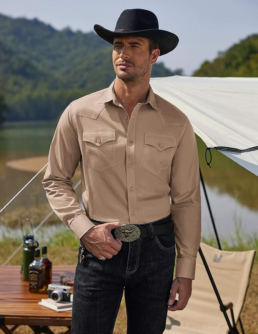 COOFANDY Men's Western Cowboy Shirts Long Sleeve Cotton Casual Button Down Work Shirt with Pocket... | Amazon (US)