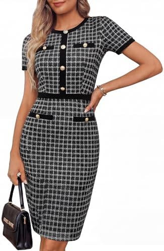 GRACE KARIN Women Work Business Short Sleeve Bodycon Tweed Dress | Midi,Crew Neck,Buttons,Pencil,... | Amazon (US)