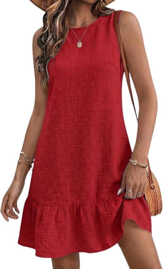 Halife Womens Casual Summer Dresses Tie Back Crew Neck Sleeveless Tank Mini Dress Ruffle Hem Flow... | Amazon (US)