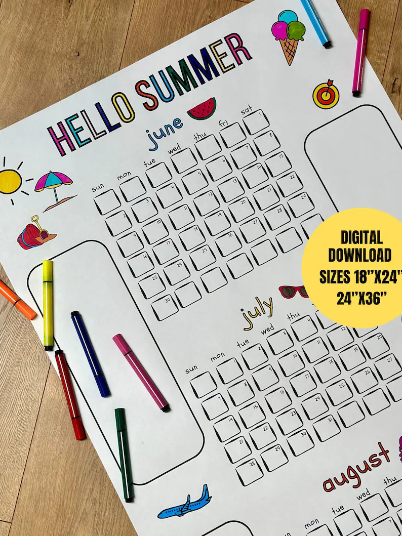 2026 Digital Summer Calendar Poster Bucket List Family Coloring Activities Checklist Instant Down... | Etsy (Global)