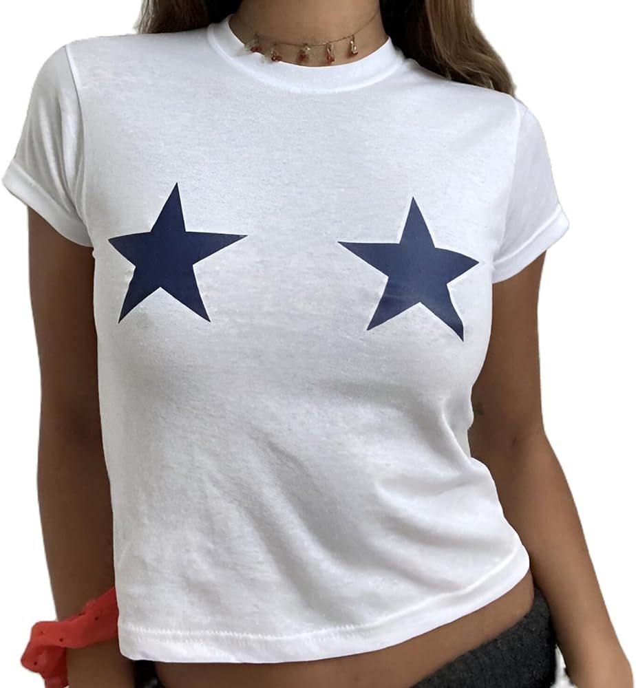 Y2k Cute Star Bow Graphic Print Baby Tees Shirt Women Short Sleeve Fruit Cherry Aesthetic Teens G... | Amazon (US)