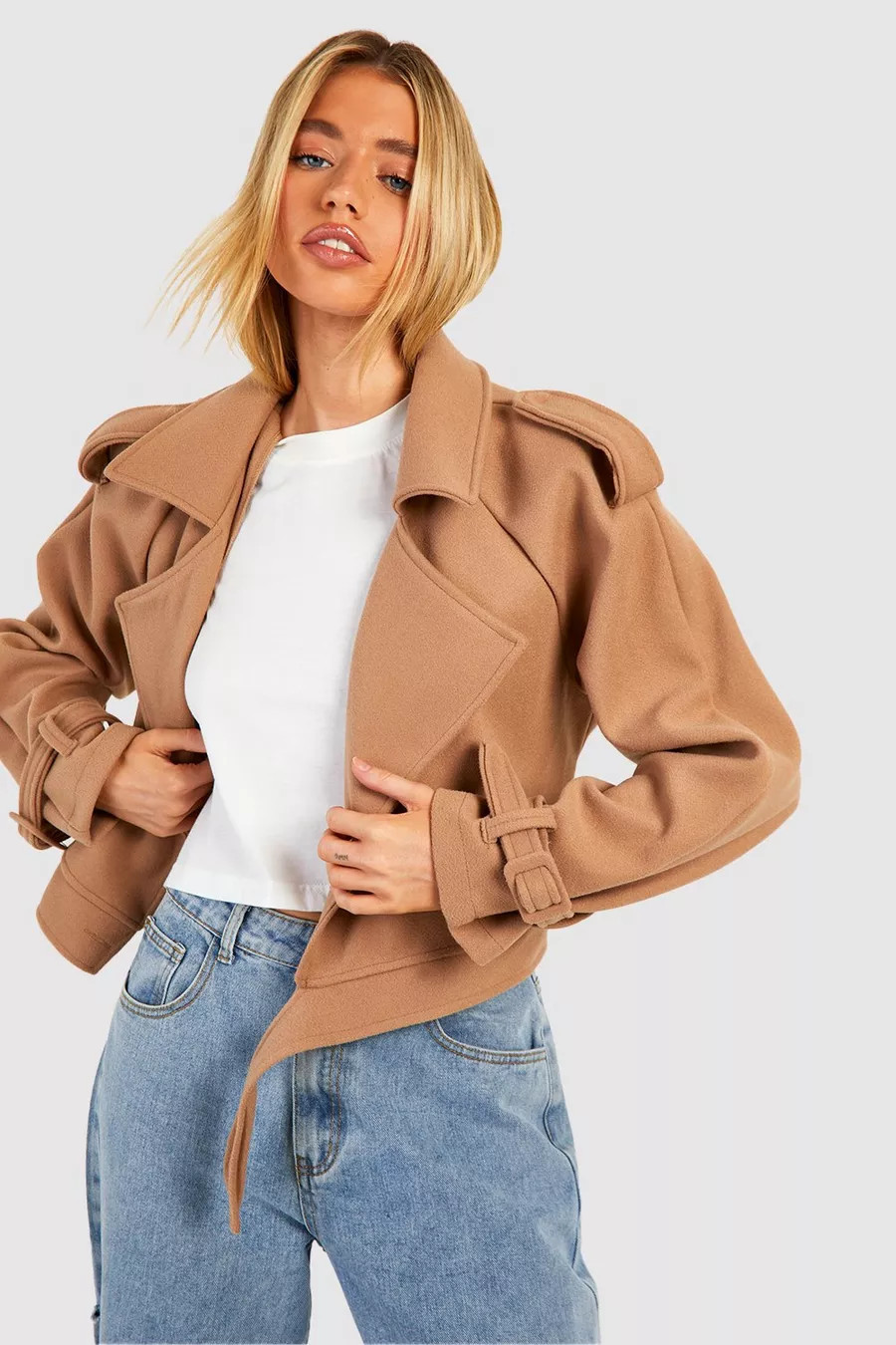 Buckle Detail Wool Look Crop Trench Coat | boohoo (US & Canada)
