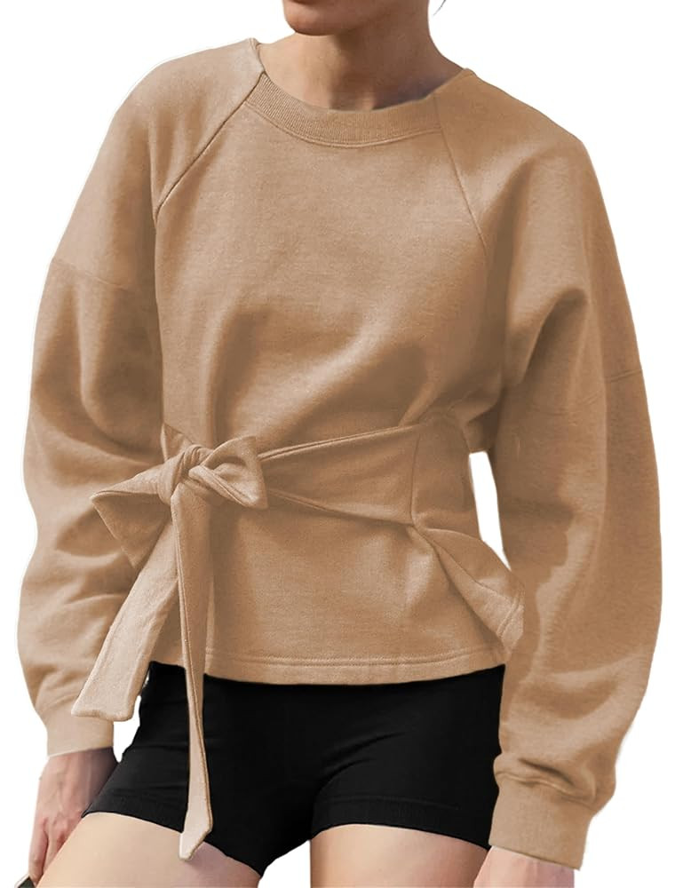 Zhiyouni Women's Long Sleeves Shirt Tops Casual 2025 Fall Fashion Crewneck Tie Knot Sweatshirt Pu... | Amazon (US)