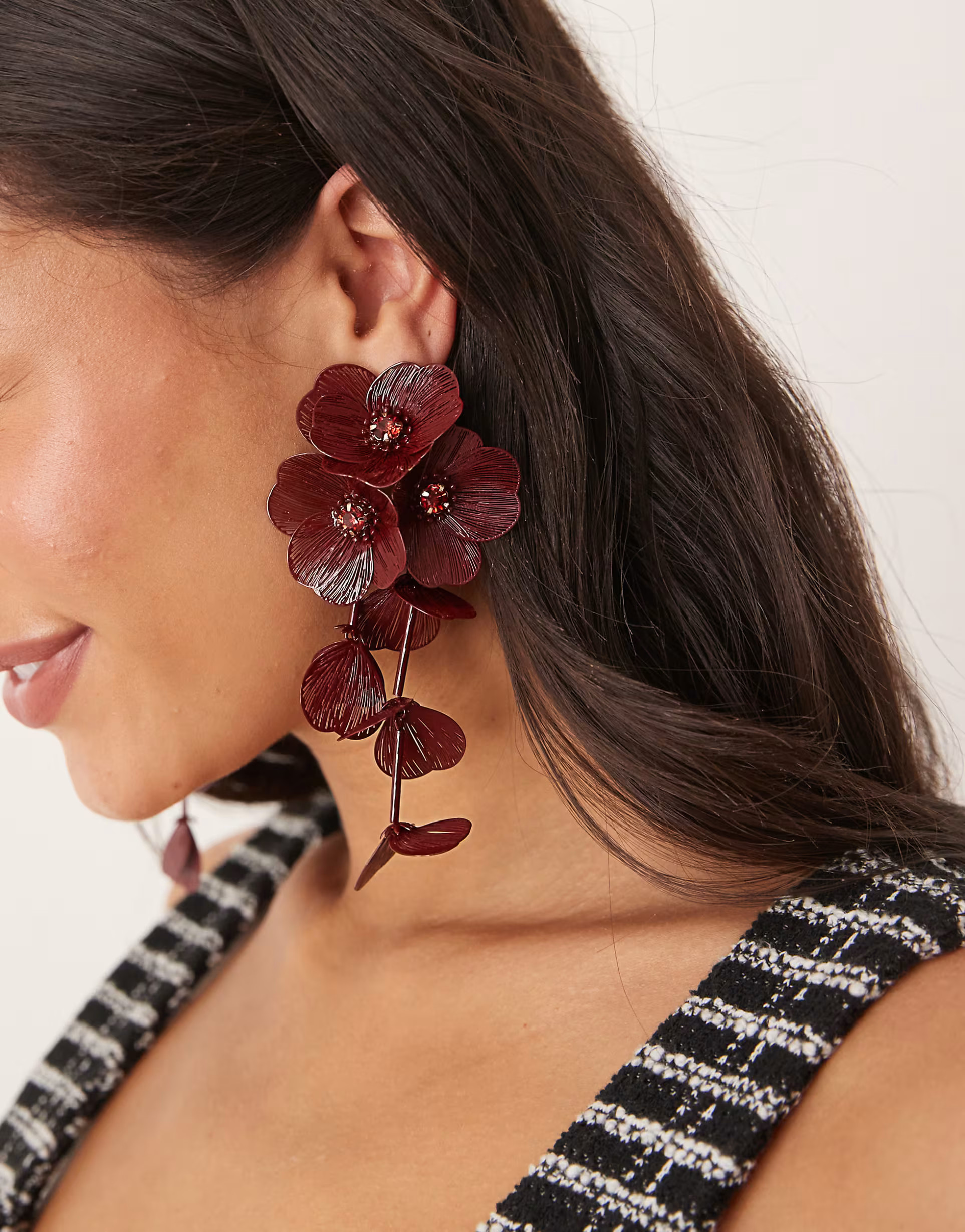 ASOS DESIGN drop earrings with 3D floral design in burgundy | ASOS | ASOS (Global)