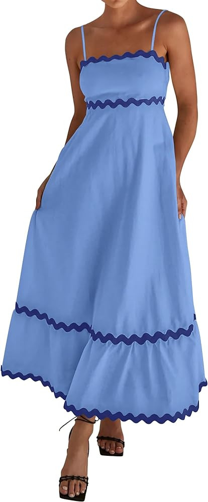 dowerme Women Summer Dresses 2024 Spaghetti Straps Sleeveless Smocked Rickrack Trim Boho Flowy Lo... | Amazon (US)