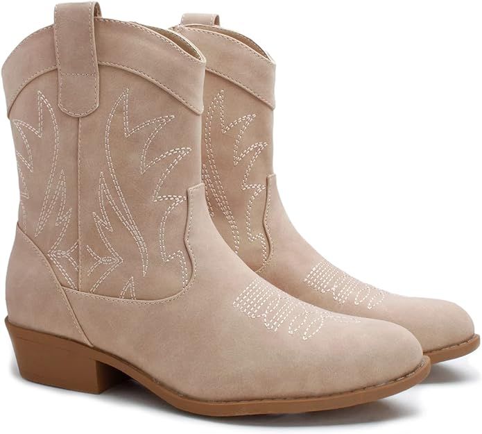 PEPPEP Western Cowgirl Cowboy Ankle Boots for Women or Ladies, Mid Calf, Vegan Leather Embroidere... | Amazon (US)