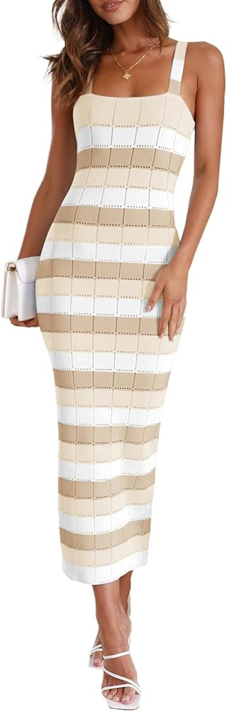 Saodimallsu Womens Striped Bodycon Midi Dress Sleeveless Square Neck Color Block Knit Summer Tank... | Amazon (US)