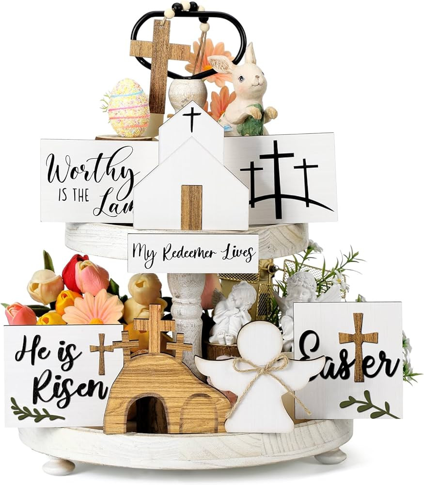 Glenmal 9 Pcs Easter Tiered Tray Decor Set He Is Risen Cross Easter Wood Sign Easter Table Decor ... | Amazon (US)