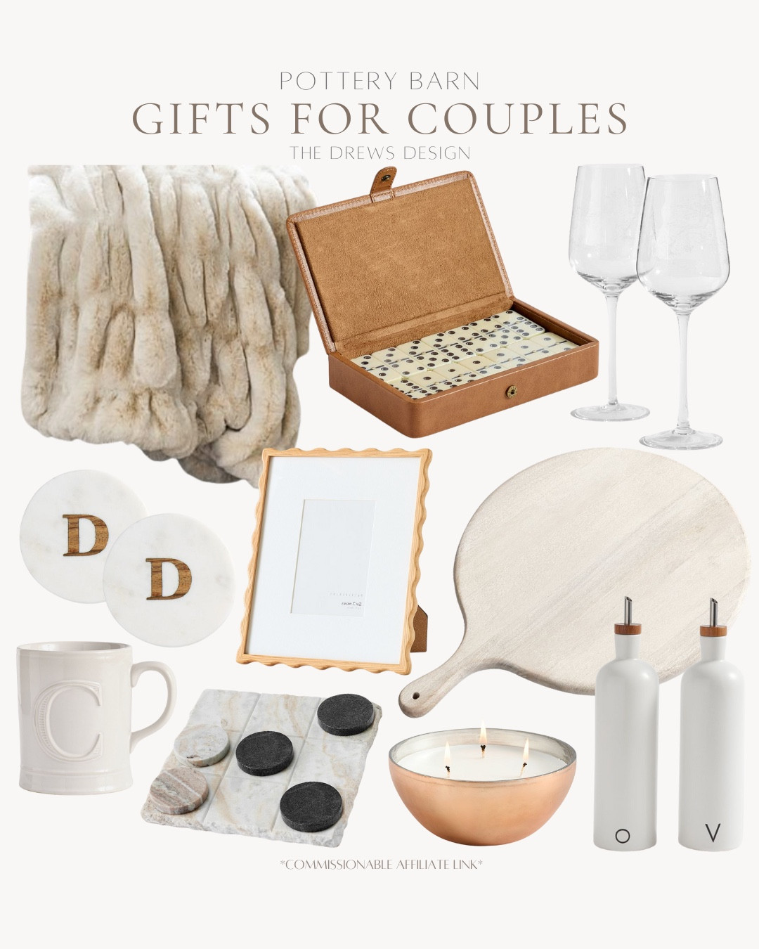 Gifts for couples include wine glasses, charcuterie board, oil and vinegar dispensers, candle, tik tak toe set, frame, domino set, throw blanket, coasters, and coffee mug.

Gift guide, gifts for couples, gifts for her, gift guidee

#LTKGiftGuide #LTKHome #LTKFindsUnder100