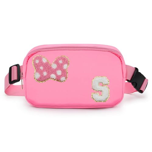 Chenille Initial Letter Bow Mouse Fanny Pack, Waterproof Park Crossbody Bag Christmas Birthday Gifts for Teen Girls Daughter Women Kids Adults, Cute Belt Bag Must Haves for Park Travel (S, Pink) | Amazon (US)