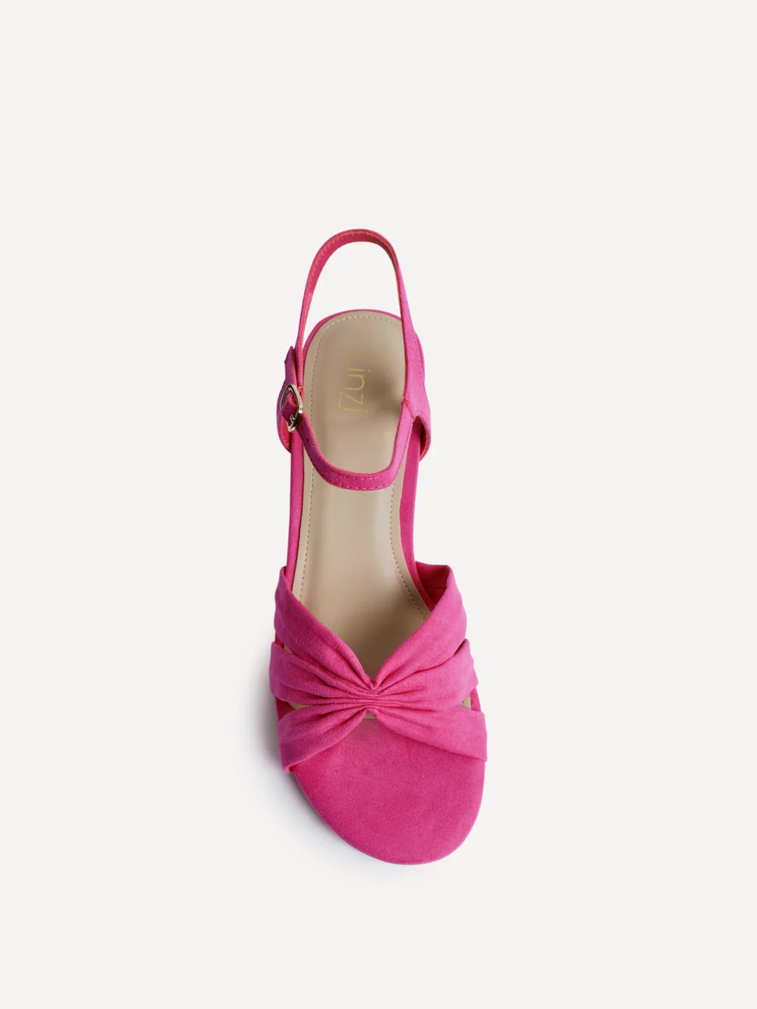 Fuchsia Faux Suede Ruched Front Strap Heeled Sandal | Linzi Shoes