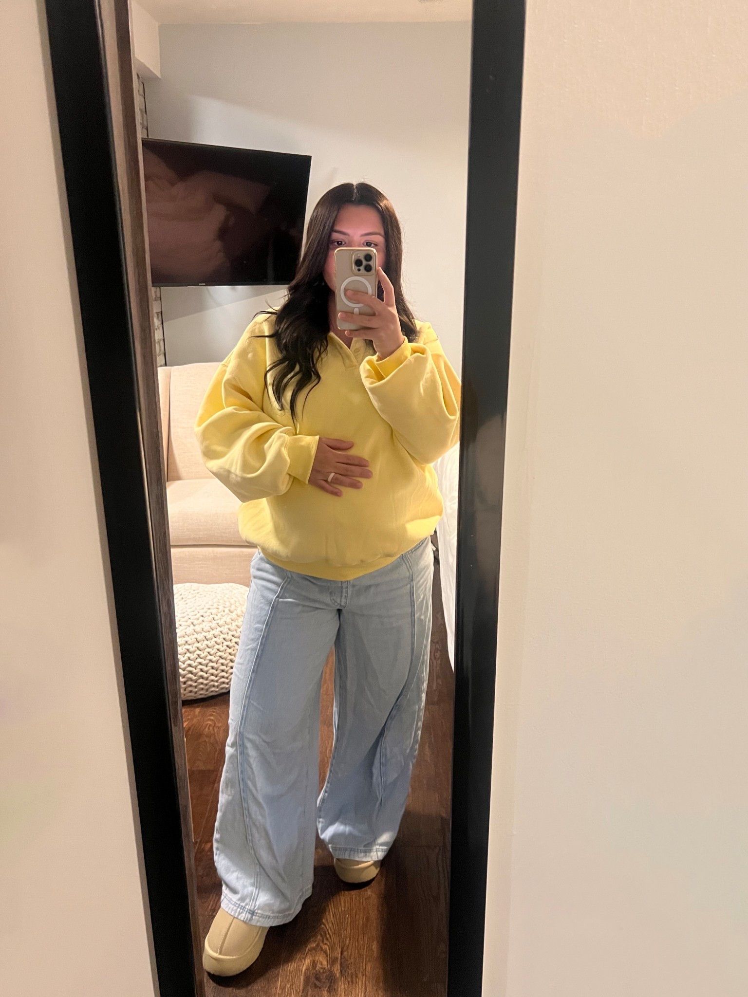 34 weeks maternity bump friendly outfit. Worth collective sweater. Target jeans. Amazon shoes

#LTKgrwm #LTKFindsUnder50 #LTKBump
