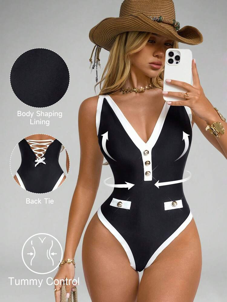 Shapewave 1pc Women's Black & White Deep V Metal Buckle One-Piece Swimsuit, Slimming Tummy Control Shapewear | SHEIN