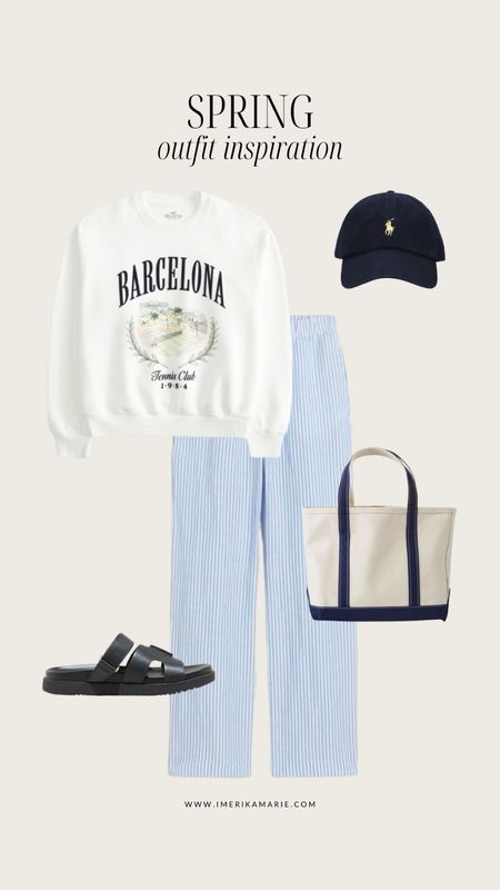 Spring outfit. Sweatshirt. Striped linen pants. Black sandals. Tote bag. Ralph Lauren cap

#LTKSeasonal #LTKfindsunder100 #LTKfindsunder50