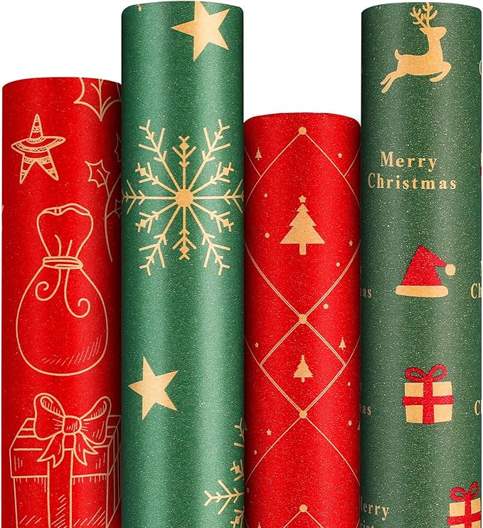 Panigkids Xmas Wrapping Paper Rolls - 4 Jumbo Kraft Wrap (17in x16.4ft Each) for Kids Adults, Fes... | Amazon (US)