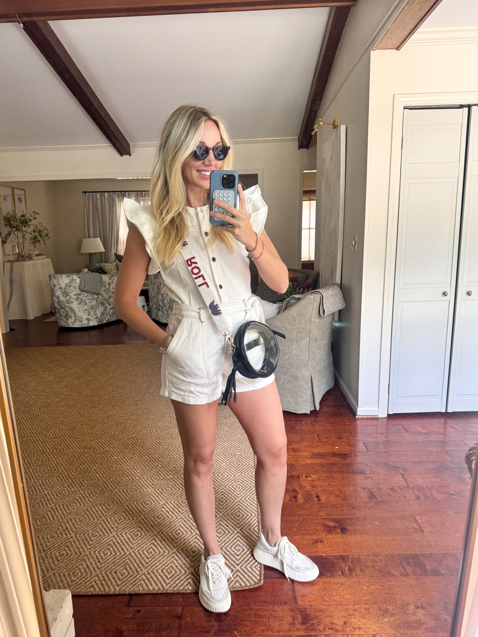 Game day outfit! White denim romper. Wearing size small. Perfect for a hot football game 🏈 grab it all on Amazon! 

#LTKStyleTip #LTKFallSale #LTKFindsUnder50