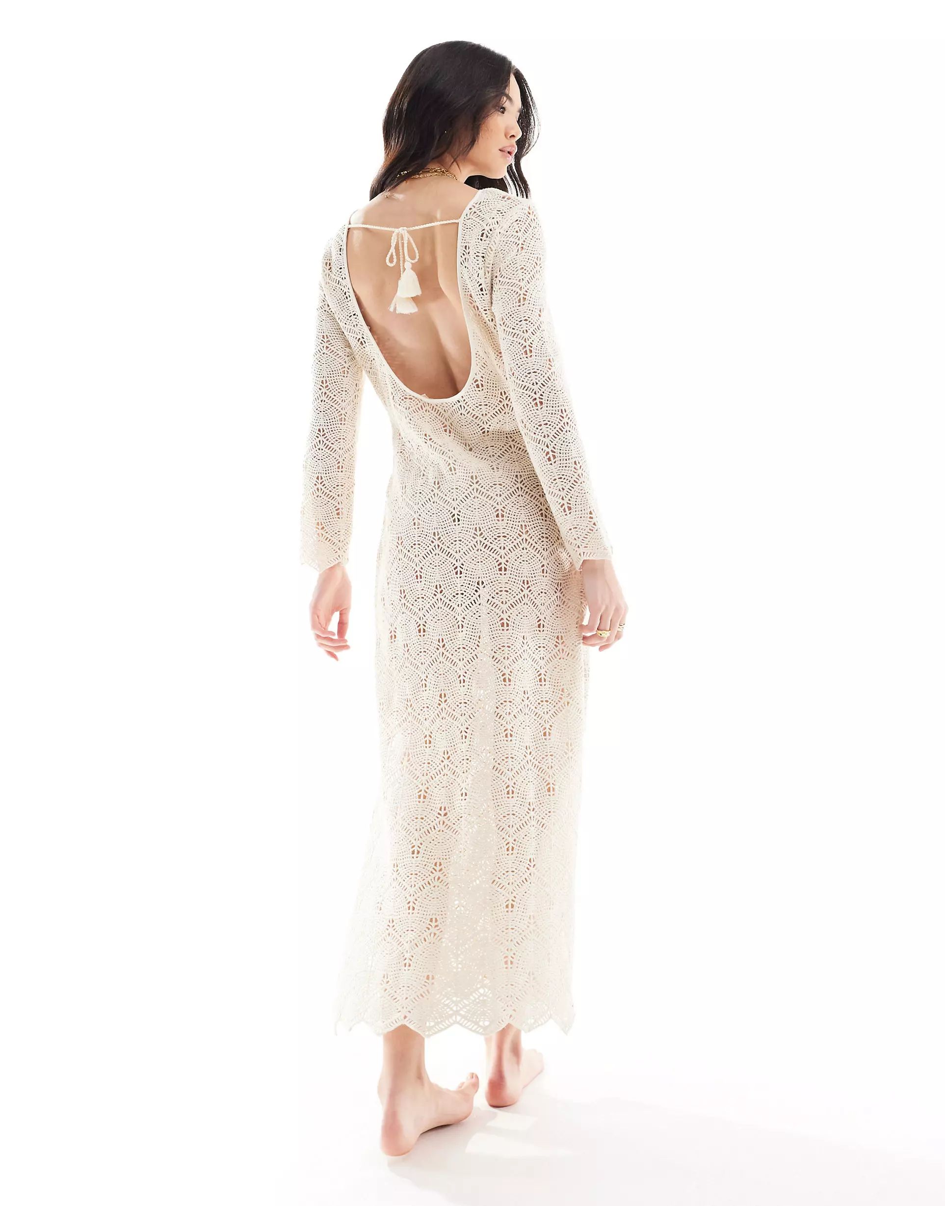 IIsla & Bird long sleeve maxi crochet beach dress in cream | ASOS (Global)