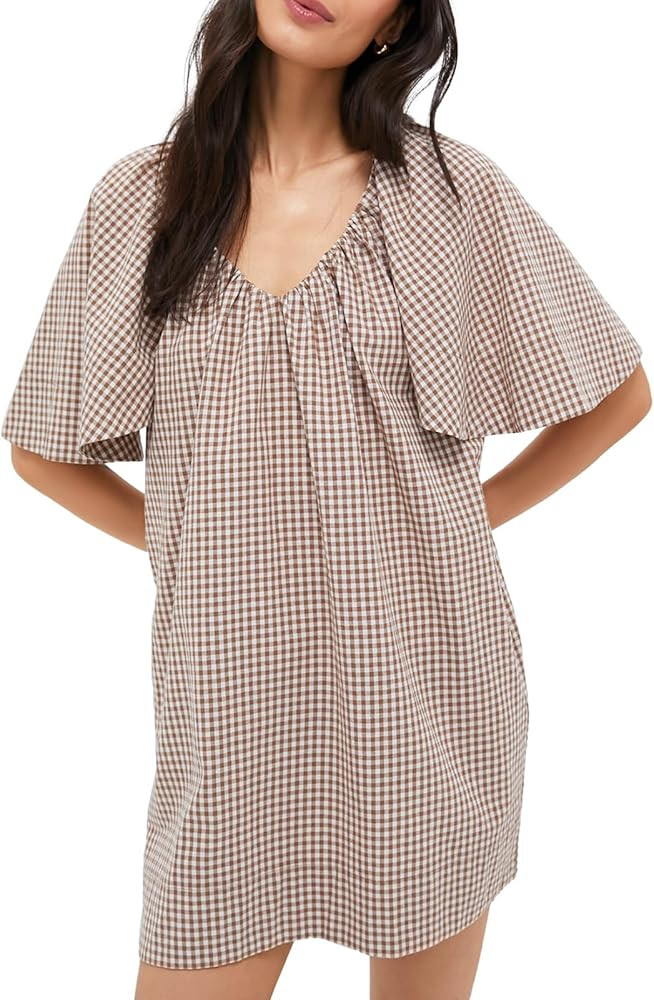 KEOMUD Women's Summer Mini Gingham Dress Casual V Neck A Line Plaid Dress with Flutter Sleeve | Amazon (US)