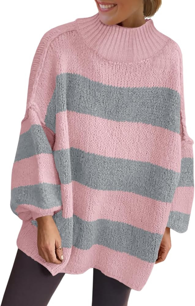 Saodimallsu Womens Oversized Striped Sweater Mock Neck Chunky Knit Lantern Long Sleeve Fall Trend... | Amazon (US)