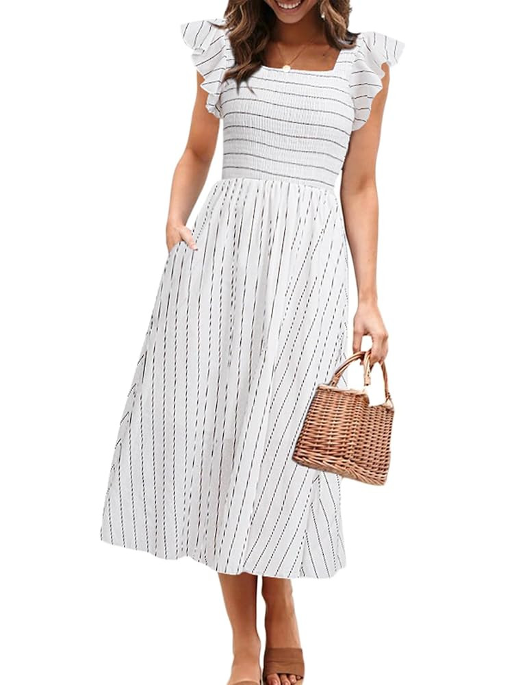 Miessial Womens Casual Summer Midi Dress Short Sleeve Smocked Linen Dresses 2025 Boho Beach Weddi... | Amazon (US)
