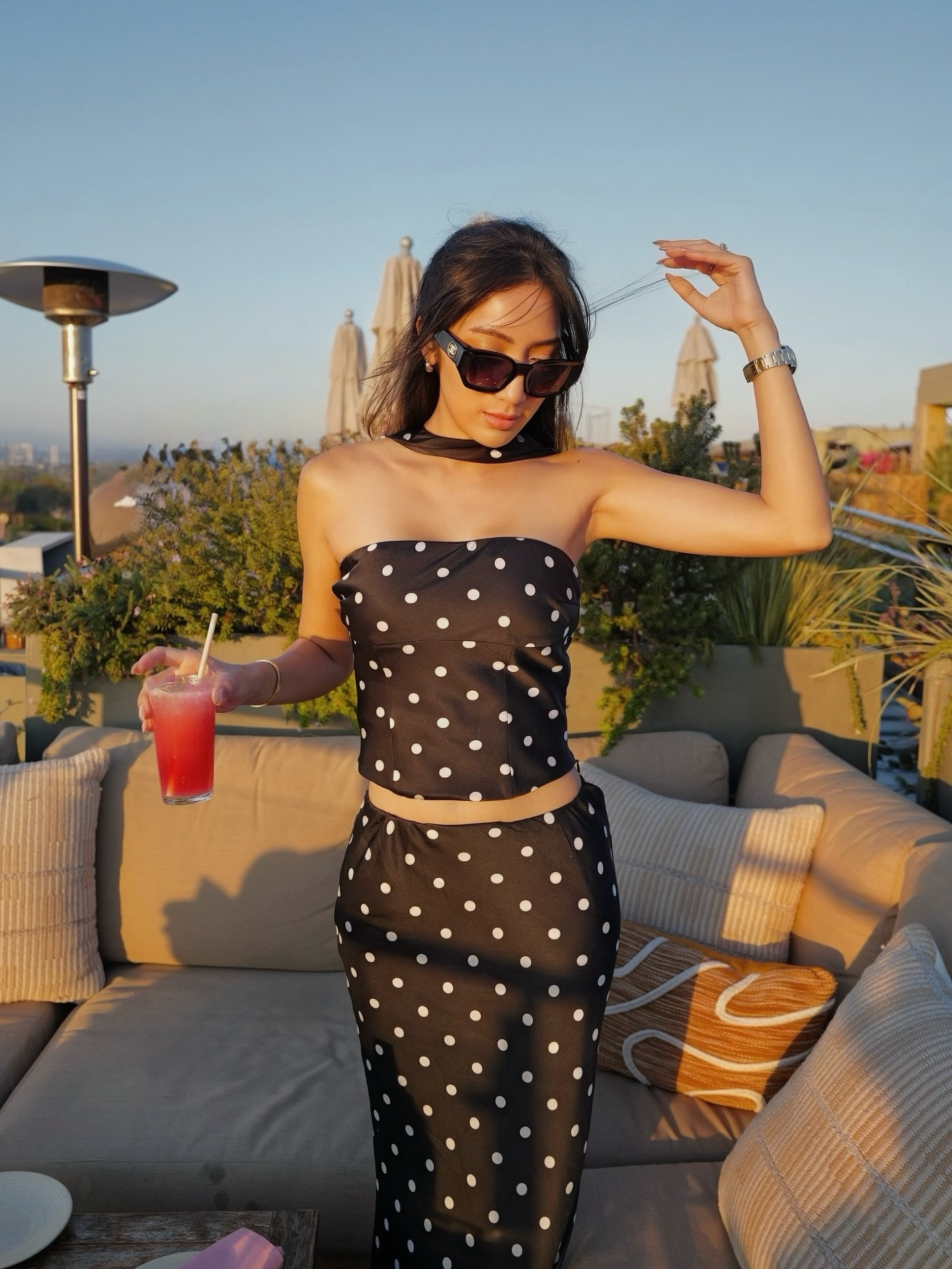 🍹🎶 Rooftop Skies, Polka Dot Styles 🖤⚪️ 
Sippin’ cocktails, soaking up the sunset, and letting the rooftop vibes take over 🌅🌴✨
📍 @KassiClub 🌊

#VeniceViews #GoldenHourGlow #RooftopMagic #PolkaDot #OOTD #FallTrends #VeniceBeach

#LTKSeasonal #LTKTravel #LTKStyleTip