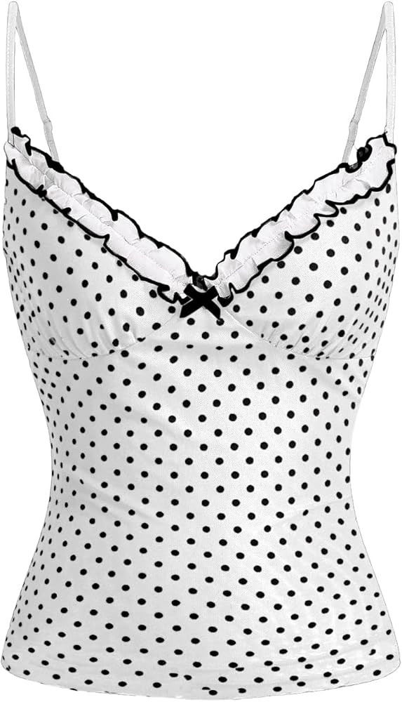 Women's Polka Dots Cami Tops Coquette Mesh Lace Trim V Neck Ruffle Hem Camisole Spaghetti Strap Y... | Amazon (US)