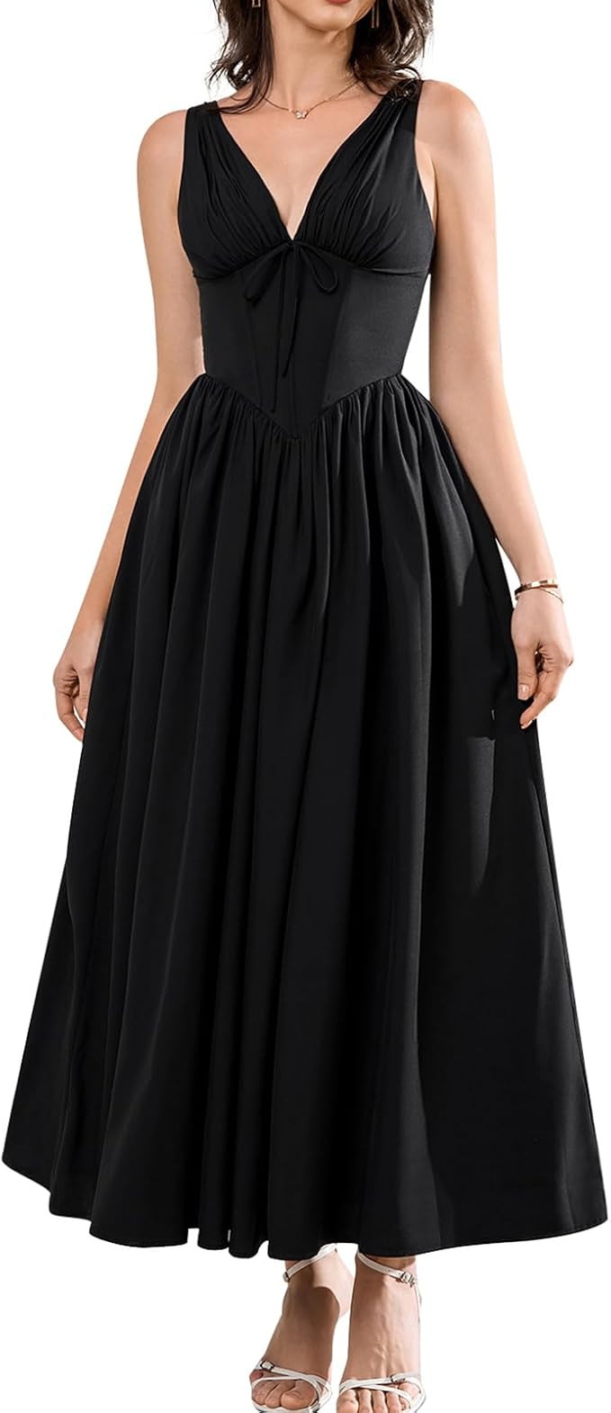 GLNEGE Women's Summer Corset Midi Milkmaid Dress Casual V Neck Flowy A Line Sundress Wedding Gues... | Amazon (US)