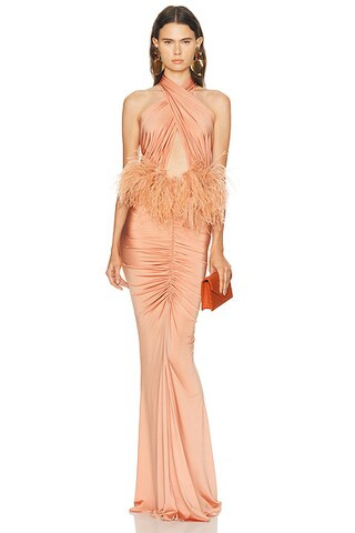 Jersey Sleeveless Halter Ruched Gown With Feathers | FWRD 