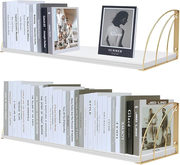 Gold White Shelves Pine Wood 23.5×7.87 Inch Book Shelf for Wall with Elegant Lines,Gold Floating... | Amazon (US)