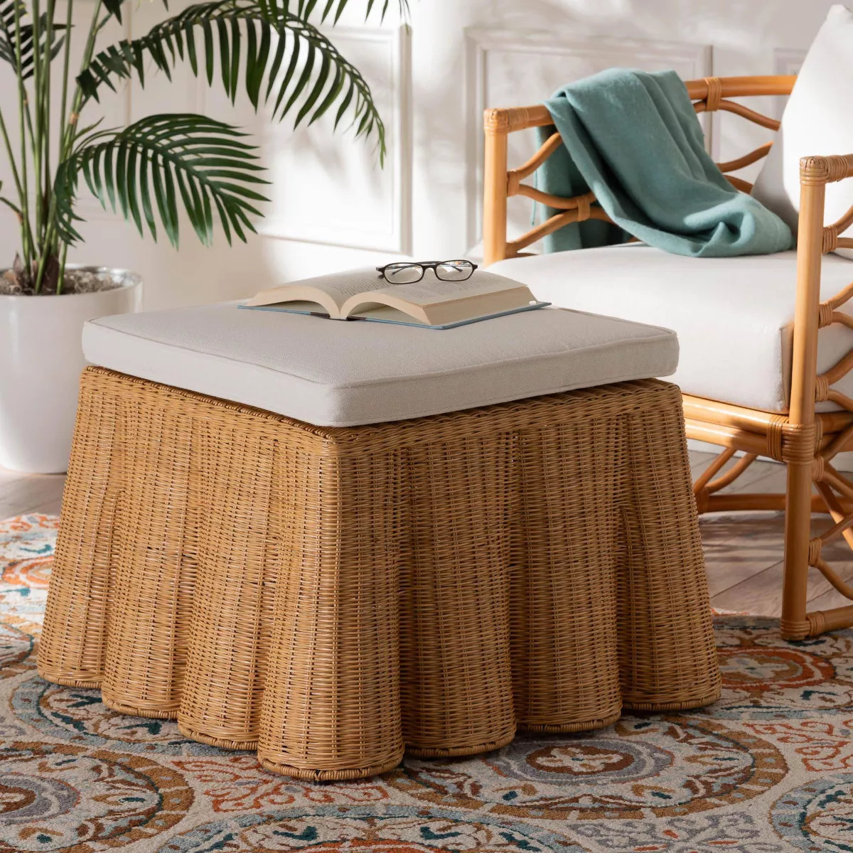 bali & pari Palm Scallop Rattan Ottoman Honey: Square Upholstered, No Assembly, Polyester, Plywoo... | Target