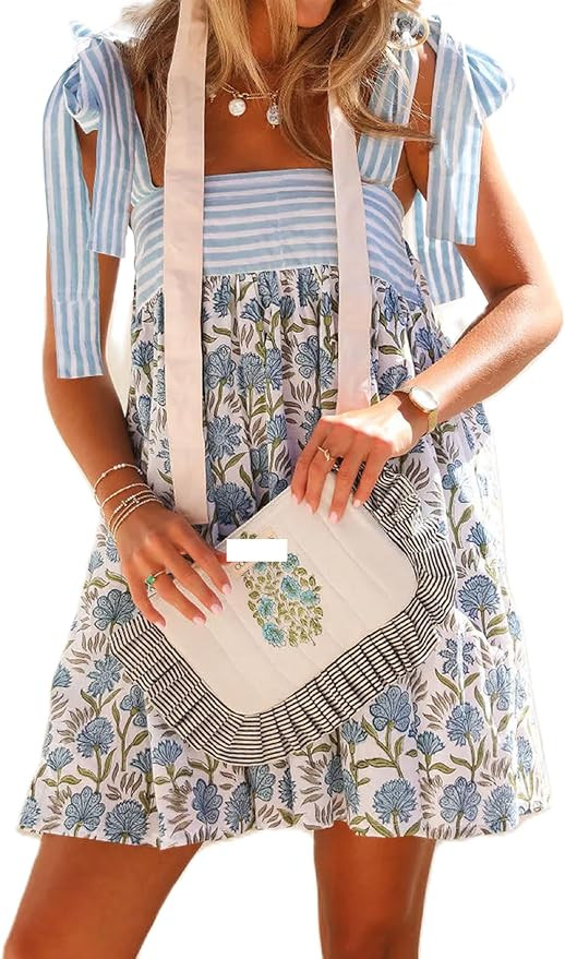 Women Floral Tie Shoulder Mini Dress Cute Square Neck Loose Fit Beach Short Dress Backless Boho V... | Amazon (US)