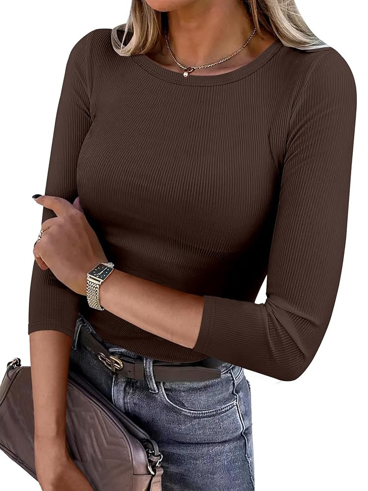 ANRABESS Womens 3/4 Long Sleeve Tops Ribbed Knit Slim Fitted Shirts Basic Tee Fall Outfits 2025 F... | Amazon (US)