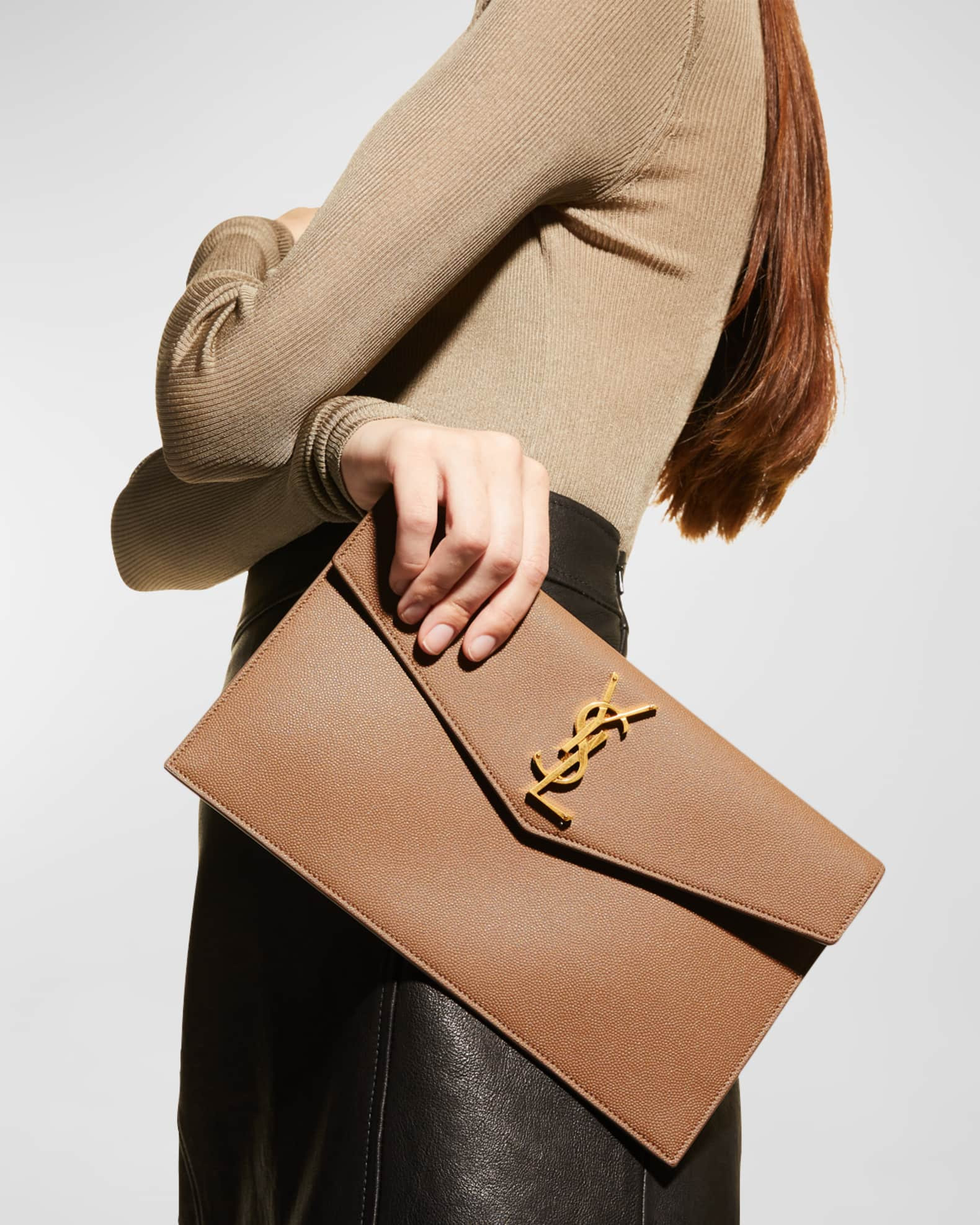 Saint Laurent Uptown Medium YSL Monogram Grain de Poudre Pouch Bag | Neiman Marcus