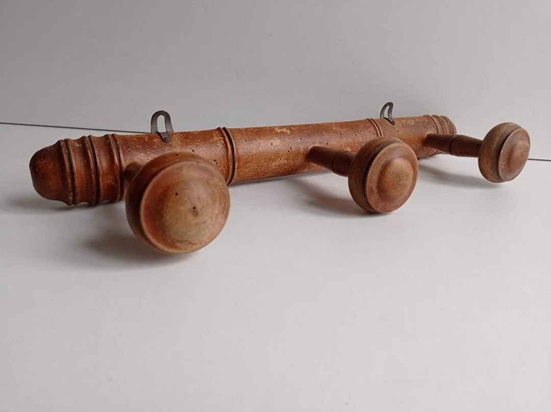 French Vintage Bamboo Style 3 Long Pegs Wood Coat Rack With - Etsy | Etsy (US)