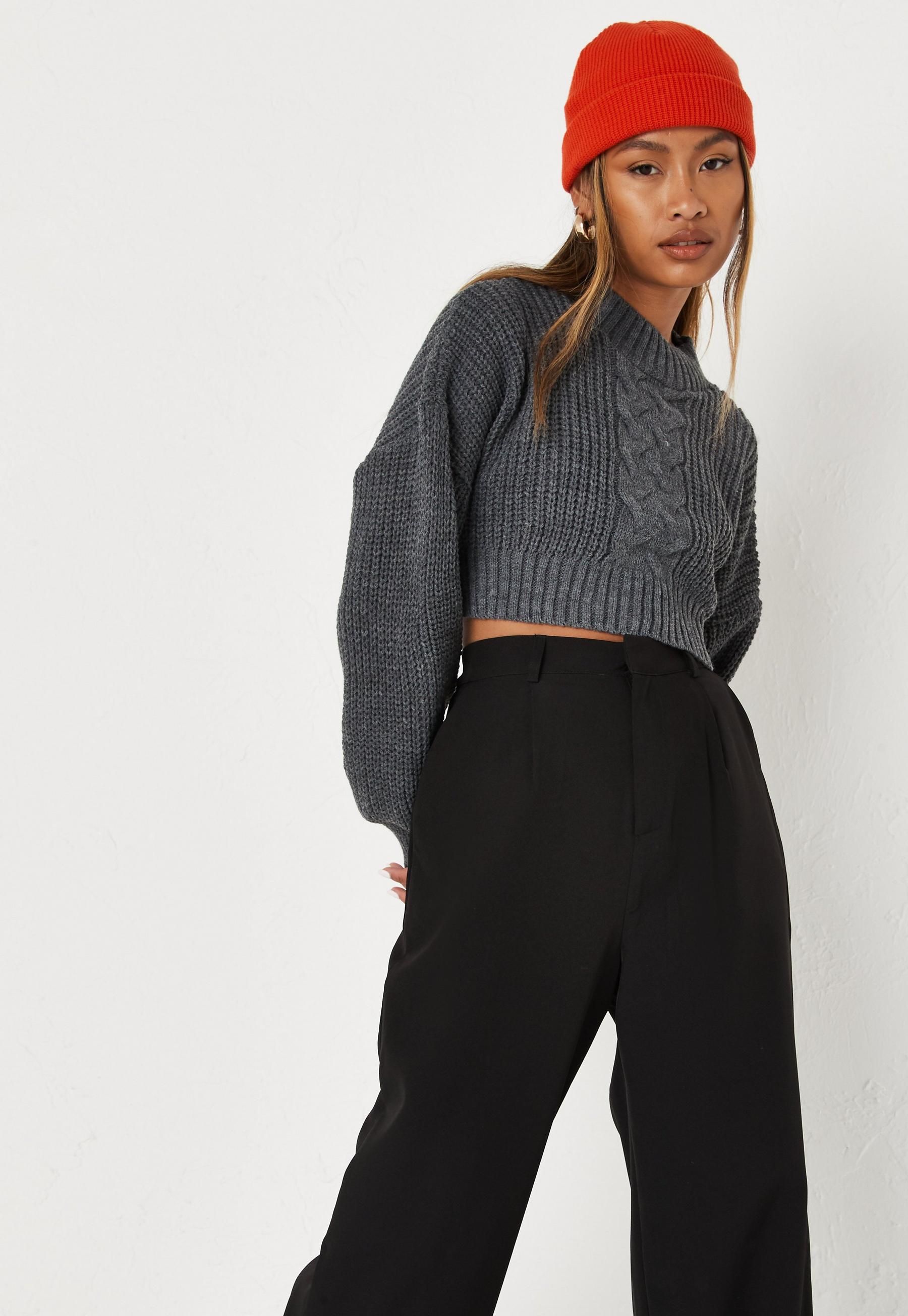 Missguided - Petite Gray Cable Knit Cropped Sweater | Missguided (US & CA)