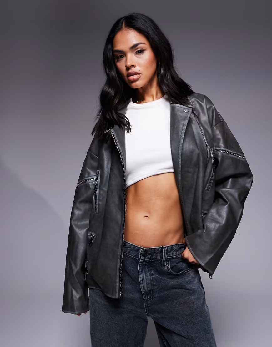 Princess Polly Magnets leather look oversized biker jacket in washed charcoal-Grey | ASOS (Global)