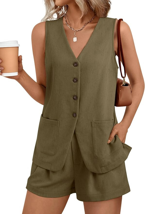 AUTOMET Summer Sets for Women Two Piece Vacation Outfits Short Set Button Down Business Casual Dr... | Amazon (US)