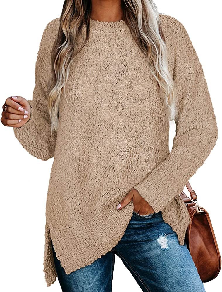 XIEERDUO Womens Sweaters Oversized Long Sleeve Crewneck Side Slits Tunic Tops | Amazon (US)