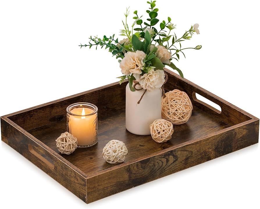 Hanobe Brown Decorative Serving Trays: Rustic Brown Rectangle Tray Decor with Cutout Handles for ... | Amazon (US)