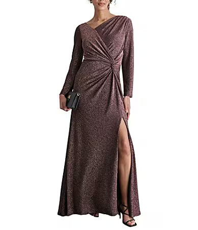 DKNY by Donna Karan Metallic Knit Asymmetrical Surplice Neck Long Sleeve Side Knot Evening Gown - 10 | Dillard's