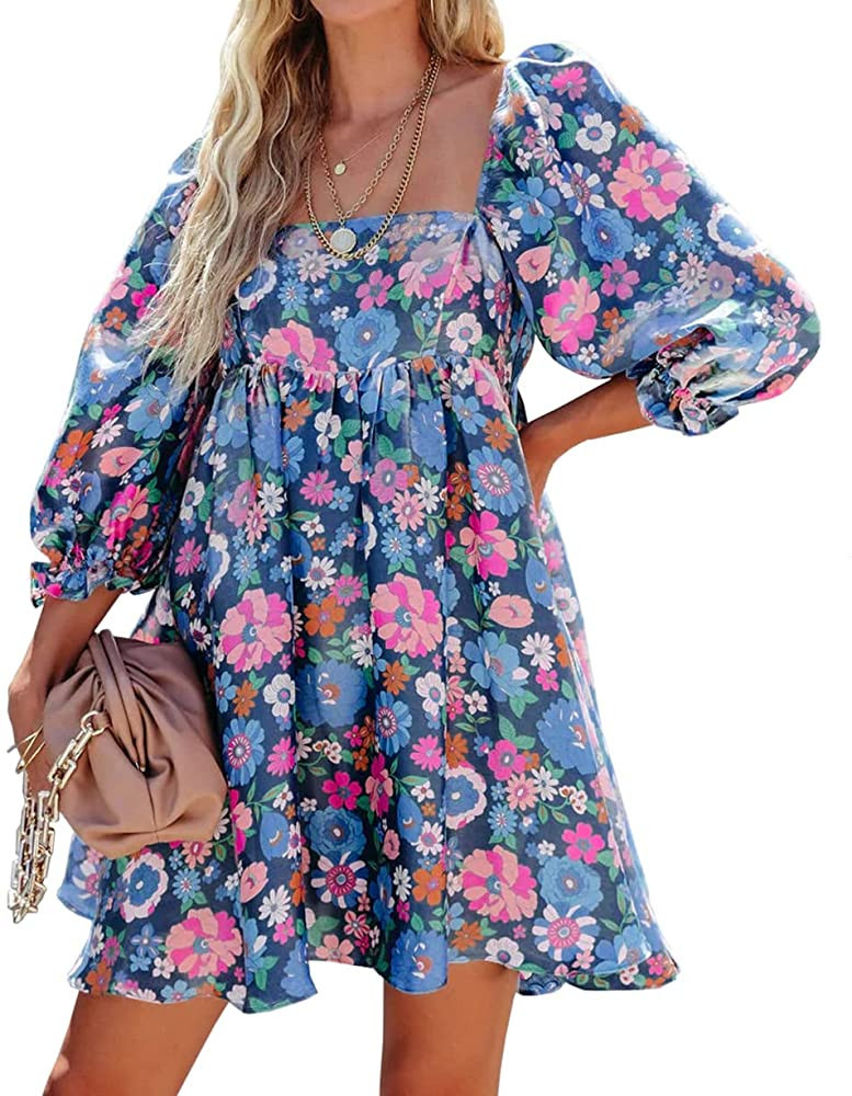 Womens Puff Sleeve Floral Print Dress Babydoll Square Neck A Line High Waist Ruched Summer Mini D... | Amazon (US)